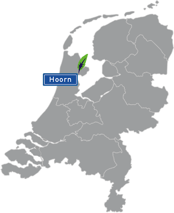 Grijze kaart van Nederland met Hoorn aangegeven voor maatwerk taalcursus Spaans zakelijk - blauw plaatsnaambord met witte letters en Dagnall veer - transparante achtergrond - 600 * 733 pixels